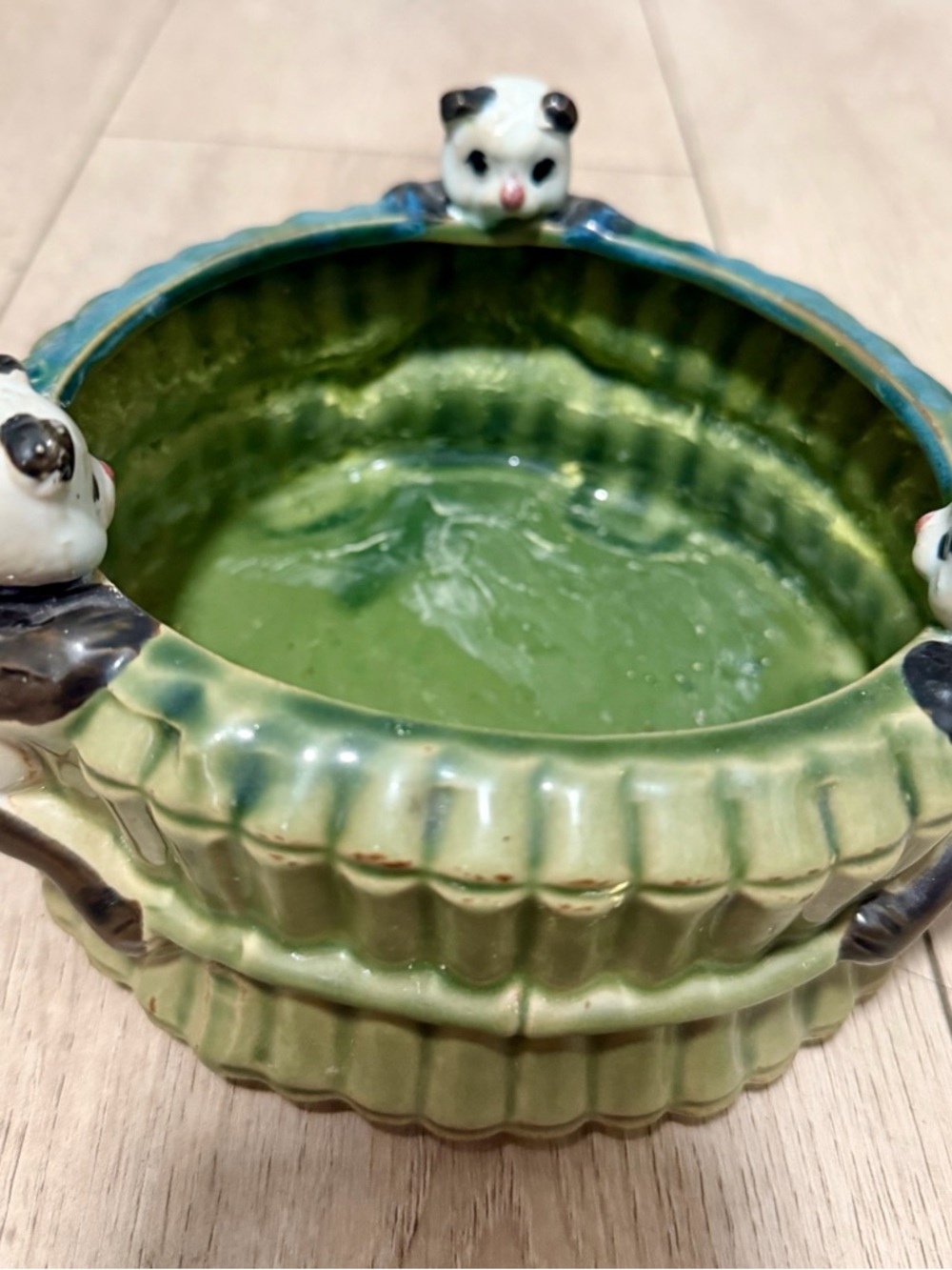 Vintage Green Lucky Bamboo Pot with Pandas